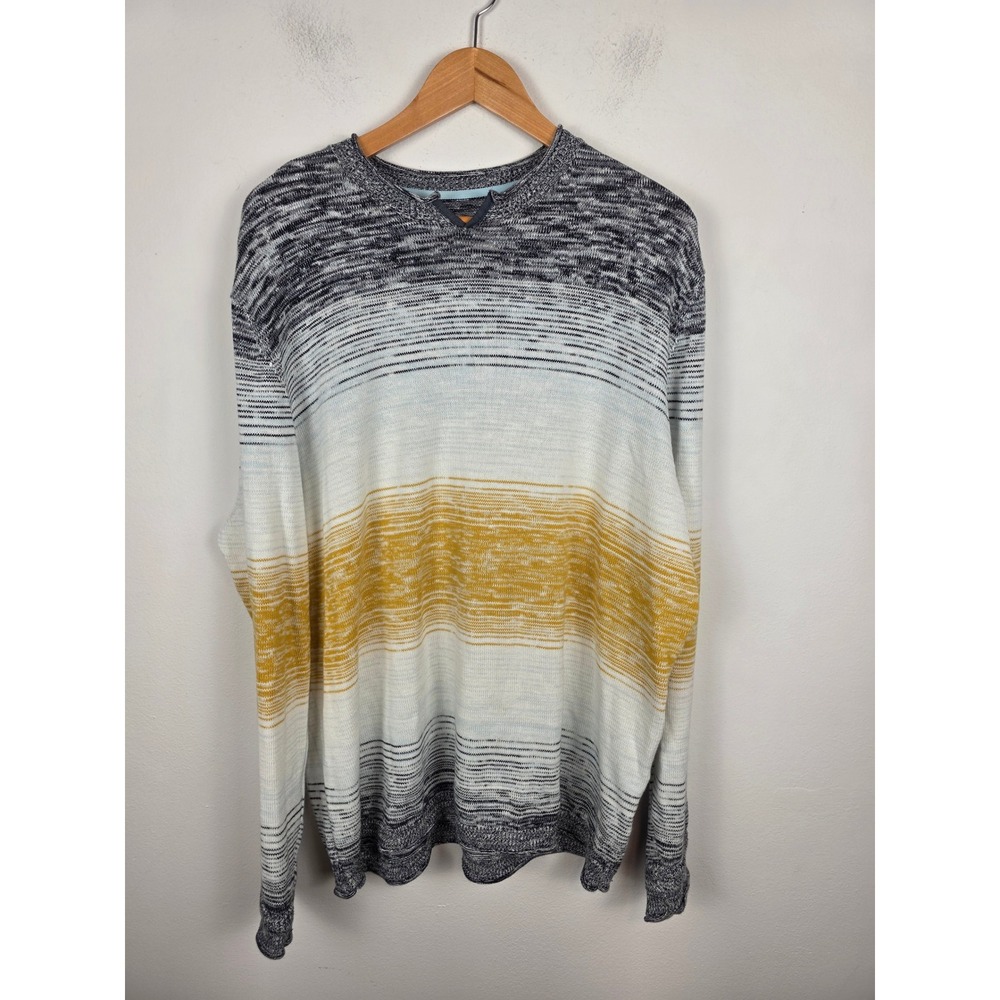 32 Bar Blues Mens XL Space Dye Striped Cotton Blend Lightweight Sweater Yellow